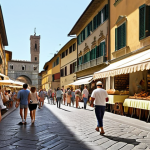 **

Prompt: A bustling Italian street scene in Florence, near the Boboli Gardens. Tourists stroll past artisan shops and cafes, enjoying gelato. Lush greenery from the gardens peeks into the street, drawing people in. Capture the vibrant atmosphere and economic boost from the park's proximity.

**