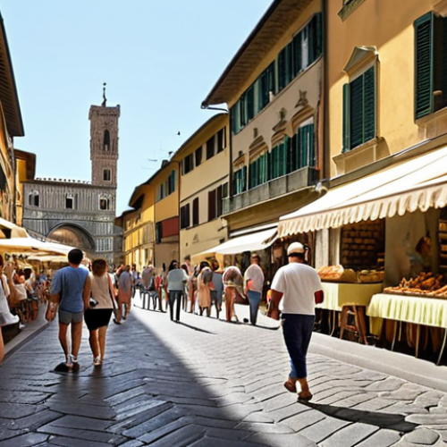 Home 11 **
Prompt: A bustling Italian street scene in Florence, near the Boboli Gardens. Tourists stroll past artisan shops and cafes, enjoying gelato. Lush greenery from the gardens peeks into the street, drawing people in. Capture the vibrant atmosphere and economic boost from the park's proximity.
**