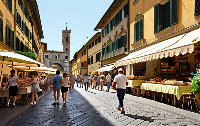 **

Prompt: A bustling Italian street scene in Florence, near the Boboli Gardens. Tourists stroll past artisan shops and cafes, enjoying gelato. Lush greenery from the gardens peeks into the street, drawing people in. Capture the vibrant atmosphere and economic boost from the park's proximity.

**