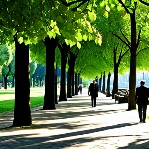 Home 6 A serene scene in a sunlit urban park in an Italian city, like Rome or Florence, during a warm day. Individuals, fully clothed in modest, professional attire, are leisurely walking or sitting on benches under the generous shade of mature, lush green trees. The dense canopy of the trees provides significant cooling, casting deep shadows on the pathways. The atmosphere is calm and refreshing, conveying a sense of peace and natural relief from urban heat. In the background, elegant, classic Italian architecture blends harmoniously with the vibrant greenery. safe for work, appropriate content, fully clothed, family-friendly, perfect anatomy, correct proportions, natural pose, well-formed hands, proper finger count, natural body proportions, high-quality professional photography, detailed, realistic.
