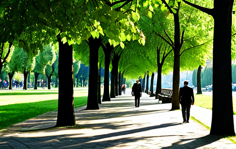 A serene scene in a sunlit urban park in an Italian city, like Rome or Florence, during a warm day. Individuals, fully clothed in modest, professional attire, are leisurely walking or sitting on benches under the generous shade of mature, lush green trees. The dense canopy of the trees provides significant cooling, casting deep shadows on the pathways. The atmosphere is calm and refreshing, conveying a sense of peace and natural relief from urban heat. In the background, elegant, classic Italian architecture blends harmoniously with the vibrant greenery. safe for work, appropriate content, fully clothed, family-friendly, perfect anatomy, correct proportions, natural pose, well-formed hands, proper finger count, natural body proportions, high-quality professional photography, detailed, realistic.