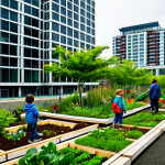 Home 7 Urban Oasis**
"A vibrant community garden in a revitalized urban space, fully clothed people of diverse ages tending to plants, children playing safely. Background shows modern buildings with green roofs and vertical gardens. Appropriate content, safe for work, perfect anatomy, natural proportions, sustainable design elements, professional photography, family-friendly, modest clothing."
**