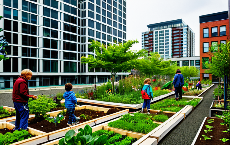 Urban Oasis**

"A vibrant community garden in a revitalized urban space, fully clothed people of diverse ages tending to plants, children playing safely. Background shows modern buildings with green roofs and vertical gardens. Appropriate content, safe for work, perfect anatomy, natural proportions, sustainable design elements, professional photography, family-friendly, modest clothing."

**