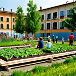 Home 6 Reclaimed Urban Space**
"A vibrant community garden in a repurposed former factory in Italy, filled with people of all ages. Fully clothed individuals are planting vegetables, children are playing near a small outdoor theater, and families are enjoying the green space. The scene is safe for work and appropriate content, showcasing professional urban planning. Perfect anatomy, correct proportions, natural pose, well-formed hands, proper finger count. High-quality digital art, realistic rendering, bright and inviting atmosphere, family-friendly, modest attire."
**