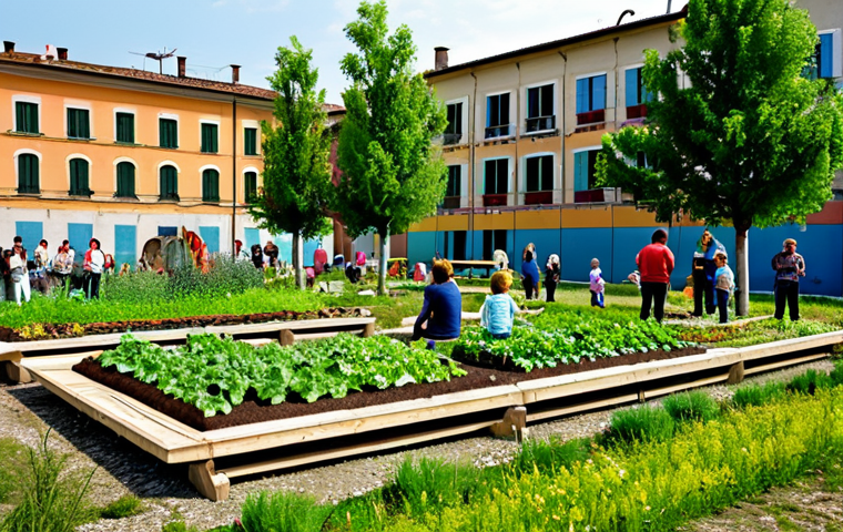 Reclaimed Urban Space**
"A vibrant community garden in a repurposed former factory in Italy, filled with people of all ages. Fully clothed individuals are planting vegetables, children are playing near a small outdoor theater, and families are enjoying the green space. The scene is safe for work and appropriate content, showcasing professional urban planning. Perfect anatomy, correct proportions, natural pose, well-formed hands, proper finger count. High-quality digital art, realistic rendering, bright and inviting atmosphere, family-friendly, modest attire."
**