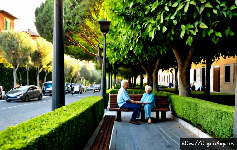 도시 녹지 공간과 소음 문제 해결 - Photorealistic urban pocket park in a historic Italian neighborhood, dense rows of leafy trees and t...