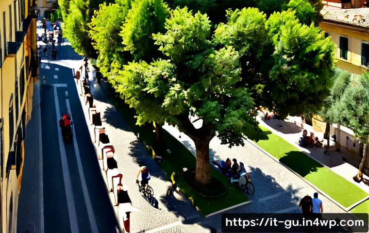 도시 녹지 확장 운동의 성과 및 평가 - Photorealistic aerial view of a revitalized Italian city neighborhood, leafy pedestrian boulevard co...